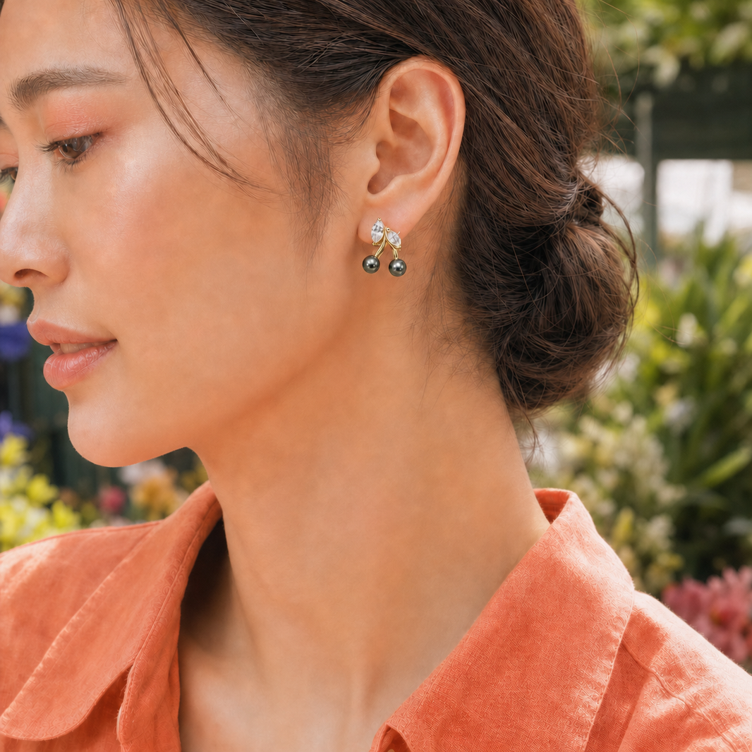 Double Pearl 5-6mm Peacock Green Tahitian South Sea pearl earrings on model