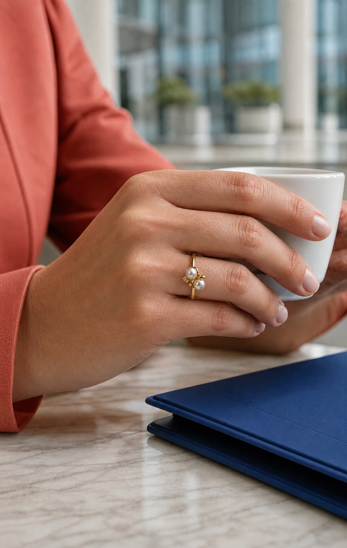 Duet Twin Freshwater Pearl Bow Ring worn in a lifestyle setting
