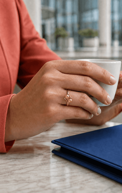 Duet Twin Golden South Sea Pearl Bow Ring worn in a lifestyle setting
