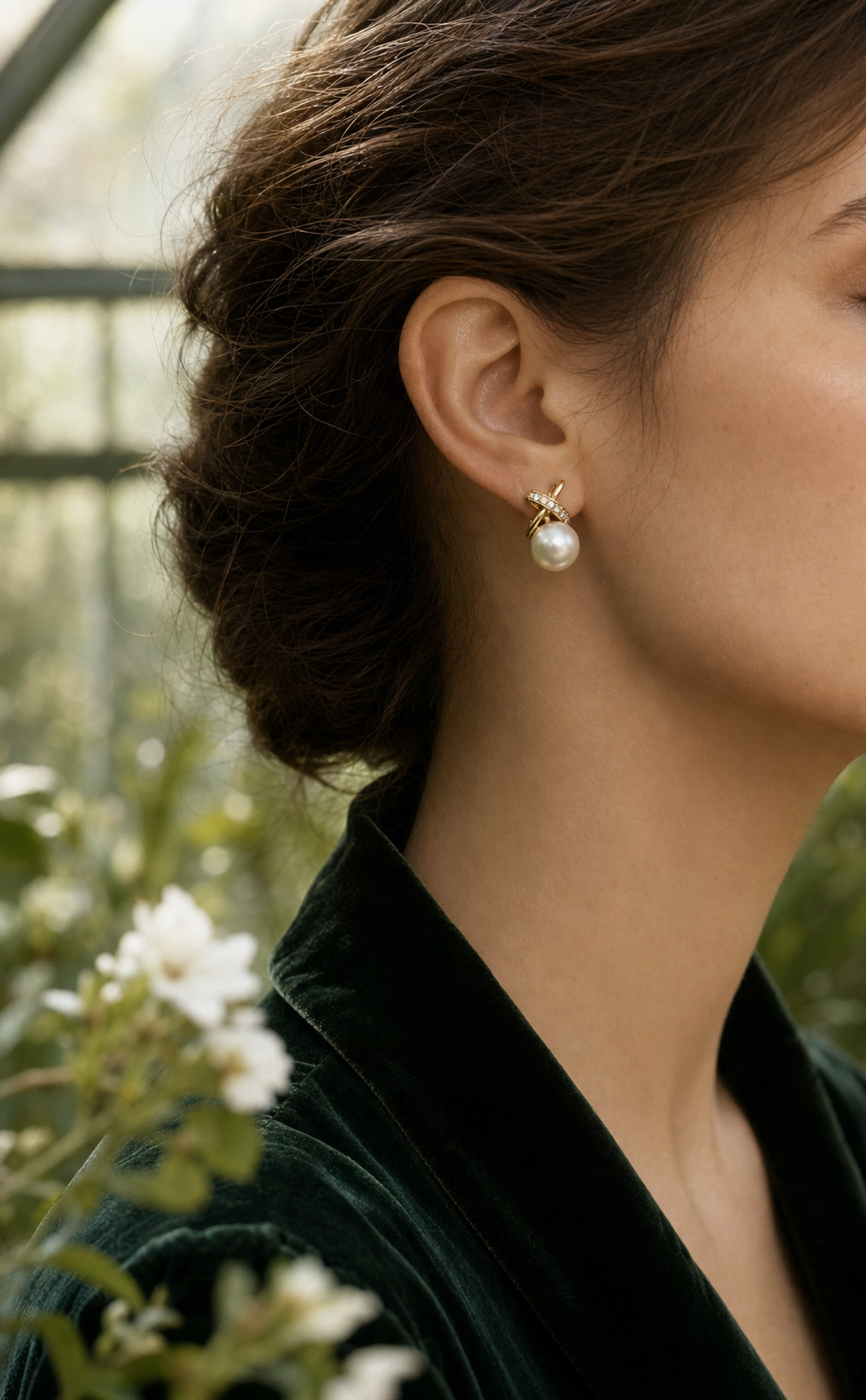 Ophelia Knot Freshwater Pearl Earrings on model, high-resolution