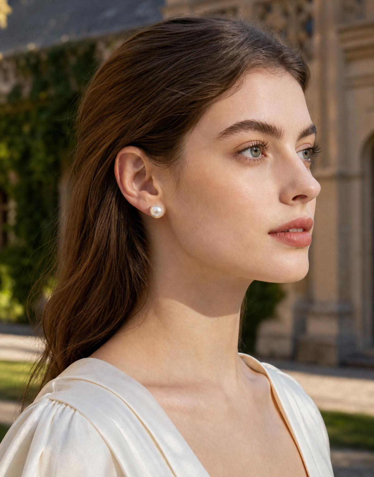 Solitaire Freshwater Pearl Stud Earrings on model, high-resolution