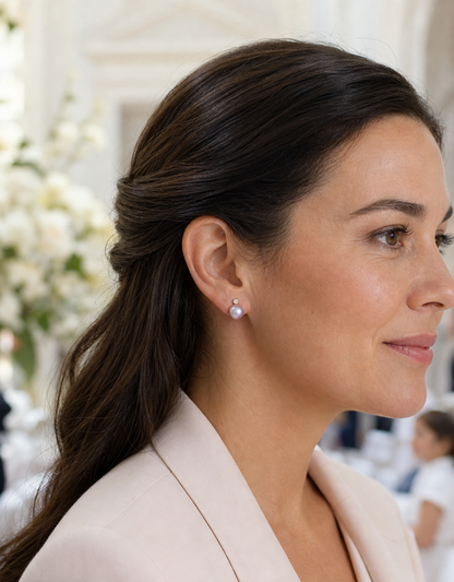 Diana Freshwater Pearl Stud Earrings on model, high-resolution