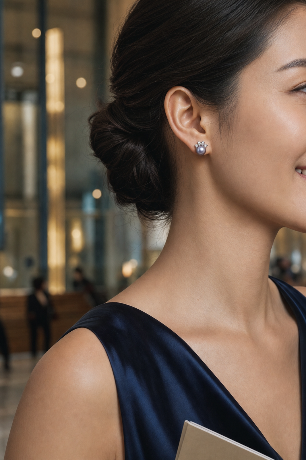 Crown Freshwater Pearl Stud Earrings on model, high-resolution
