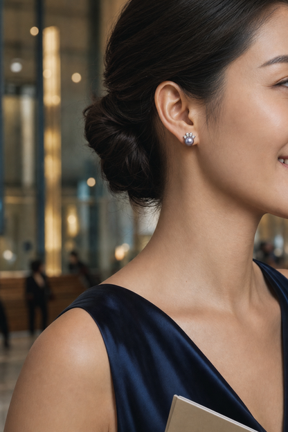 Crown Freshwater Pearl Stud Earrings on model, high-resolution