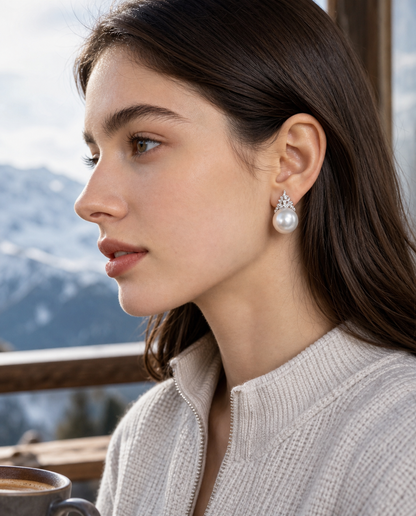 Winter's Tale Freshwater Pearl Earrings on model, high-resolution