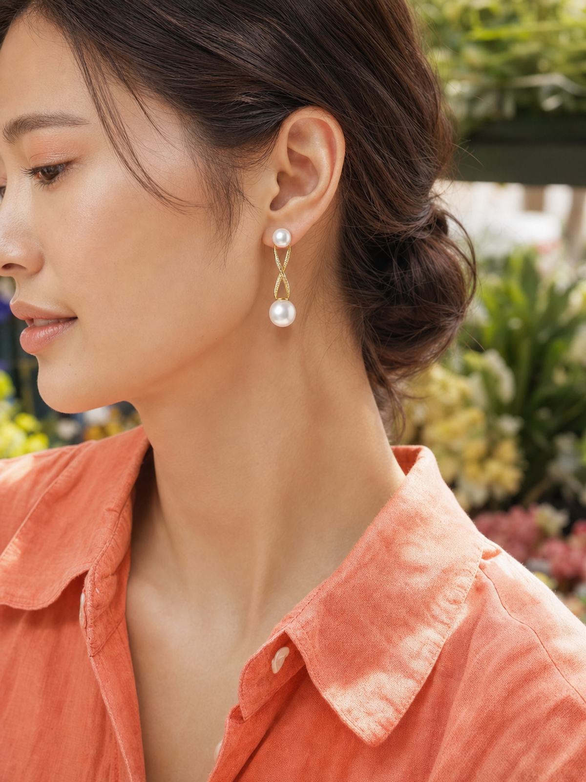 Double Pearl Freshwater Pearl Earrings on model, high-resolution
