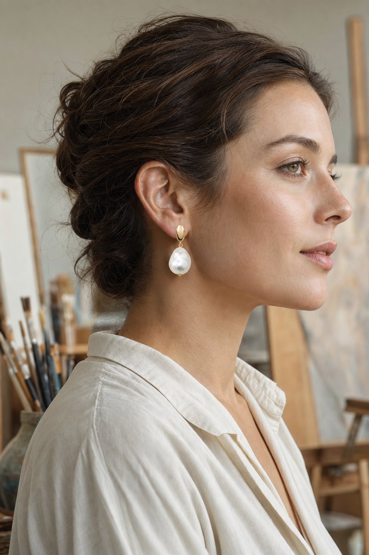 Baroque Freshwater Pearl Earrings on model, high-resolution