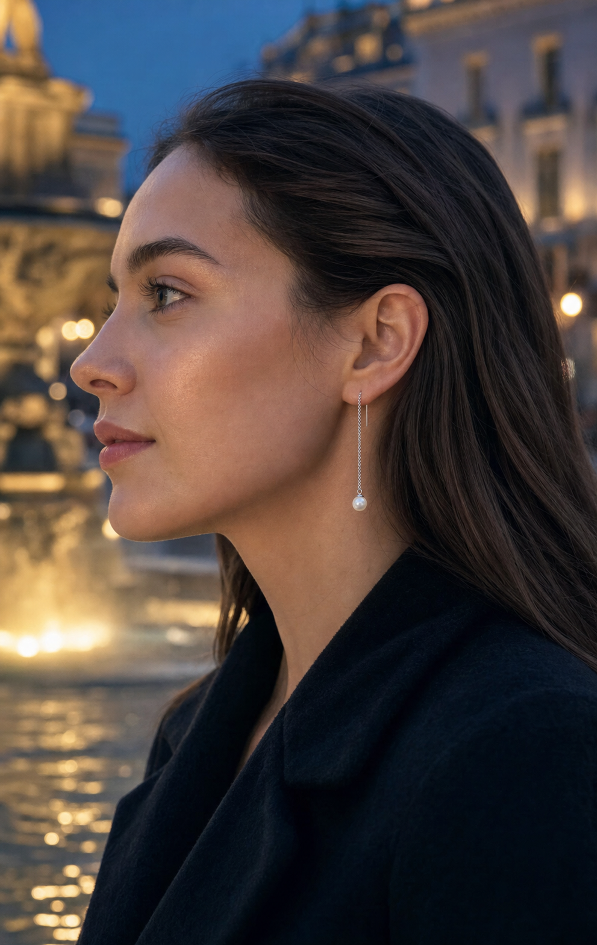 Asteria Threader Freshwater Pearl Earrings on model, high-resolution