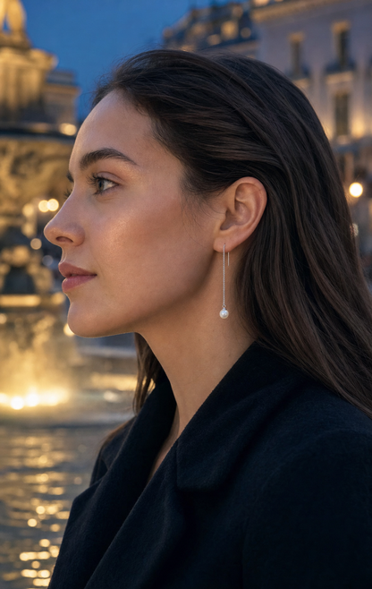 Asteria Threader Freshwater Pearl Earrings on model, high-resolution