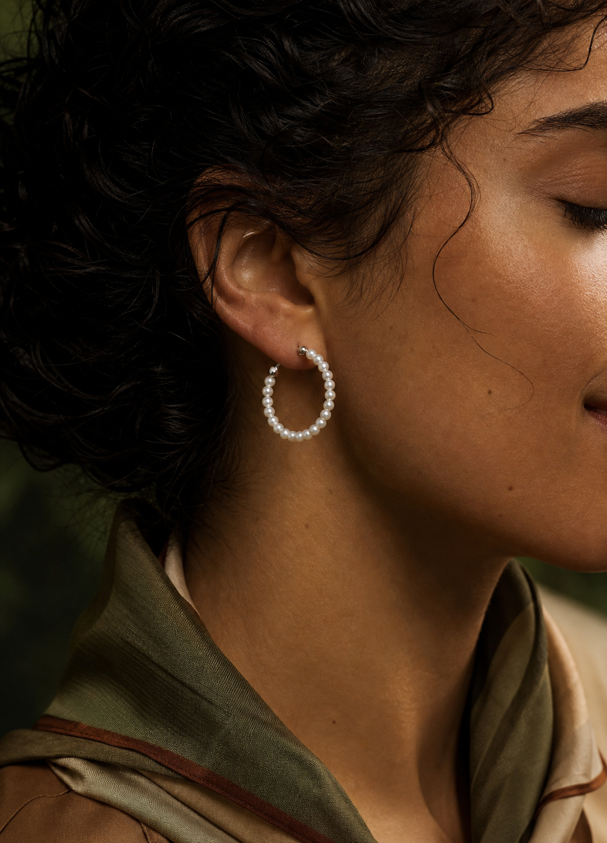 Baby Pearl Freshwater Pearl Earrings on model, high-resolution