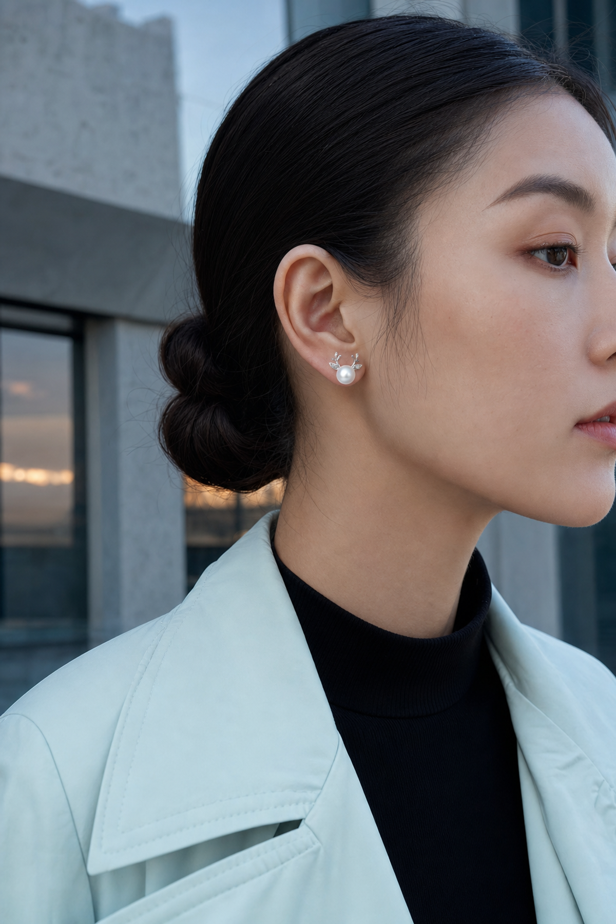 Ear Cuff Japanese Akoya Pearl Stud Earrings on model, high-resolution