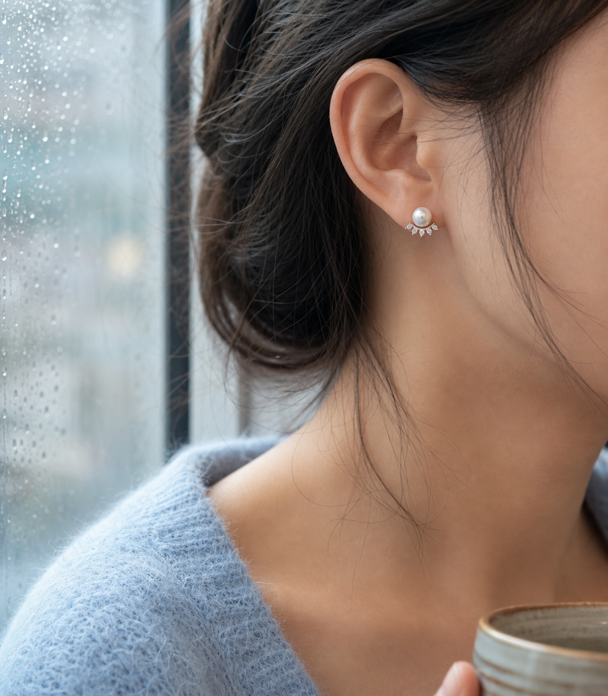 Eyelash Japanese Akoya Pearl Stud Earrings on model, high-resolution