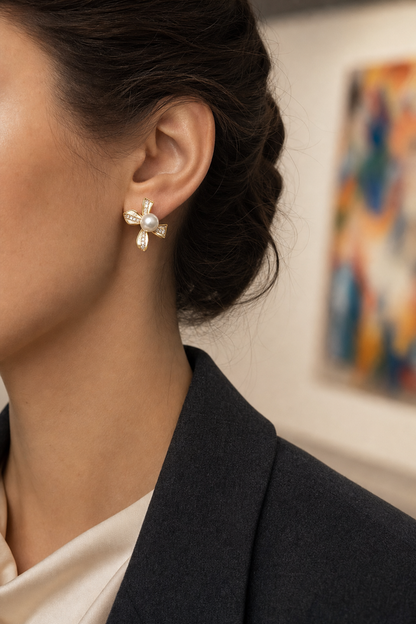 Floral Orbit Japanese Akoya Pearl Earrings on model, high-resolution