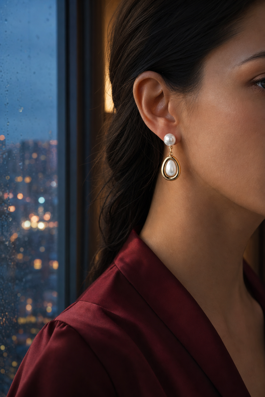 Teardrop Japanese Akoya Pearl Earrings on model, high-resolution