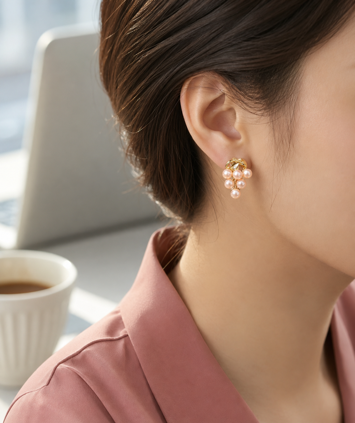 Roselle Cluster Australian White South Sea Pearl Earrings on model, high-resolution