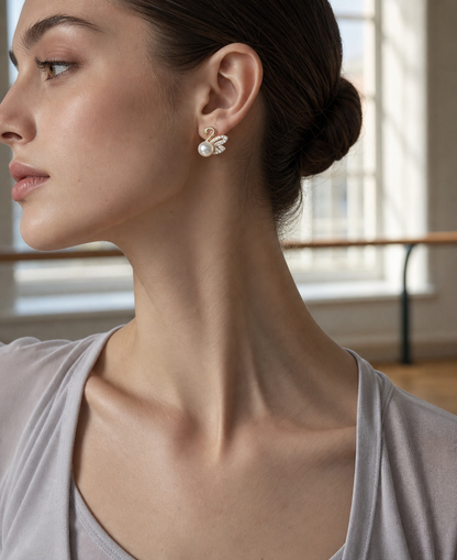 Swan Lake Australian White South Sea Pearl Earrings on model, high-resolution