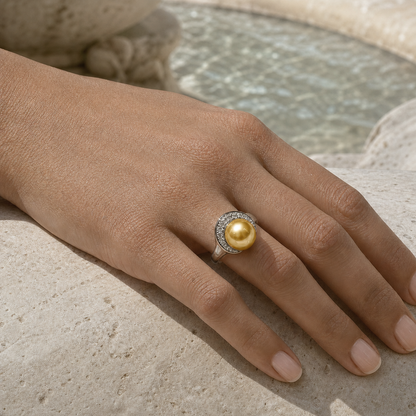 VARI Eclipse Golden South Sea Pearl Wide Halo Ring styled lifestyle wearing view