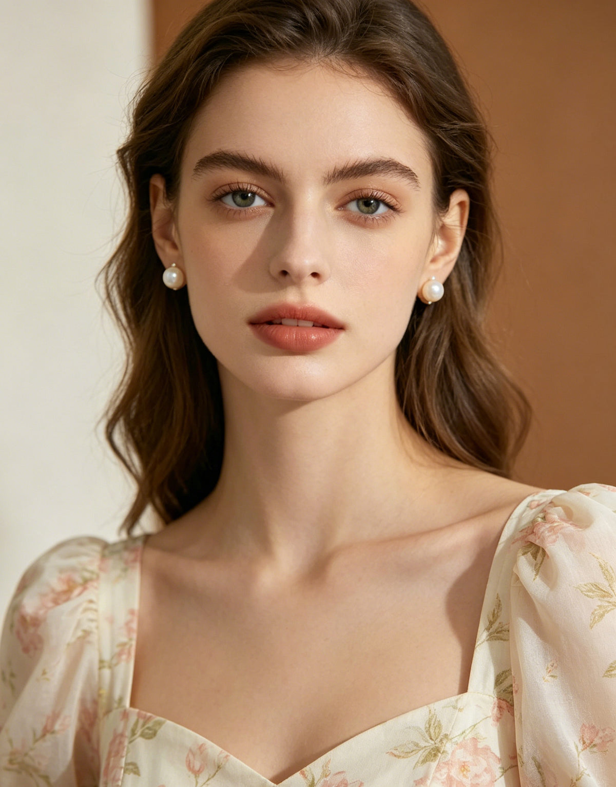 Bianca white pearl stud earrings on model