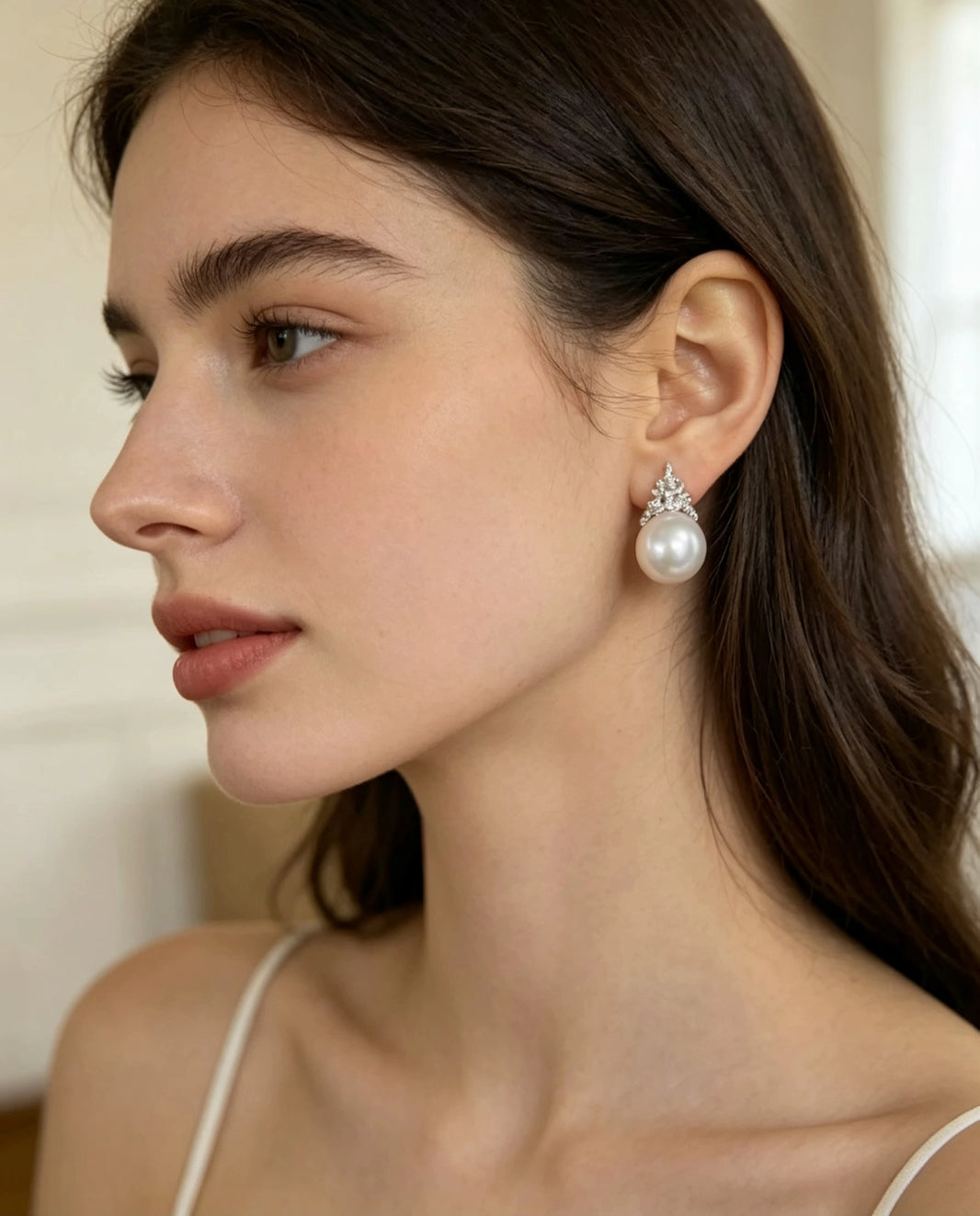 Noel white pearl tree drop earrings worn view