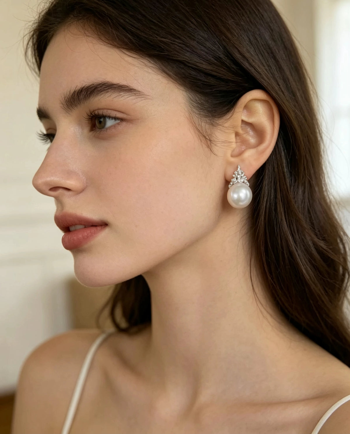 Noel white pearl tree drop earrings worn view