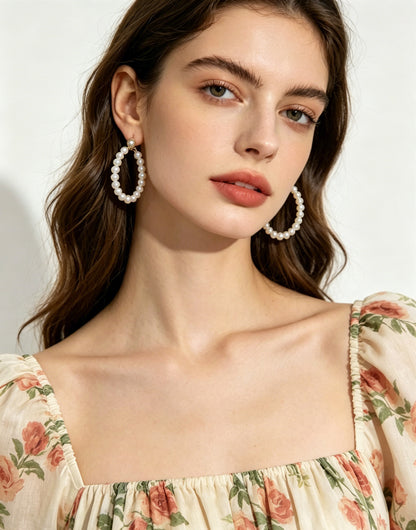 Arlette white pearl hoop earrings worn view