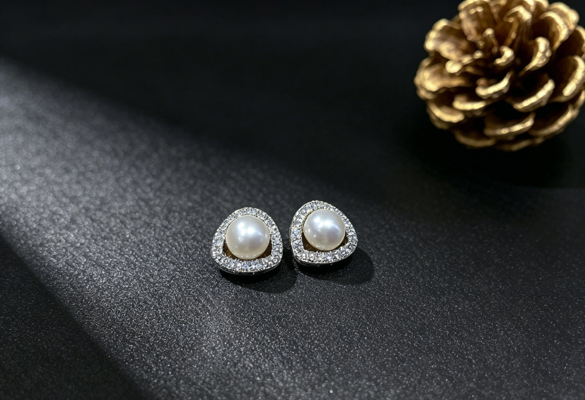 Tria white pearl geometric halo stud earrings product view