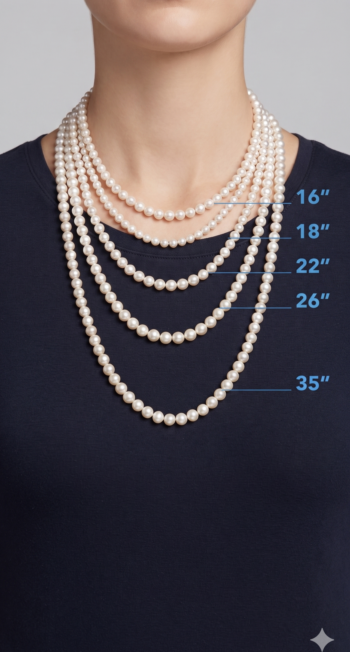 Pearl necklace length guide on model
