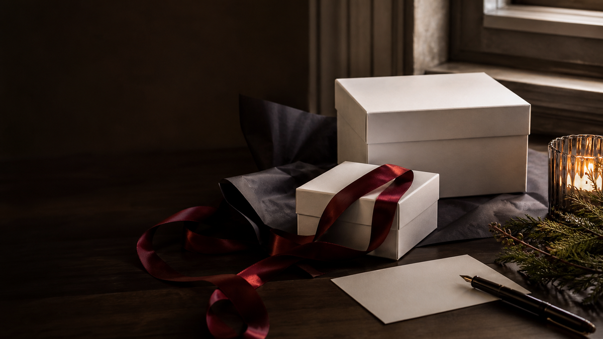 VARI gift preparation with closed boxes, black tissue and red ribbon