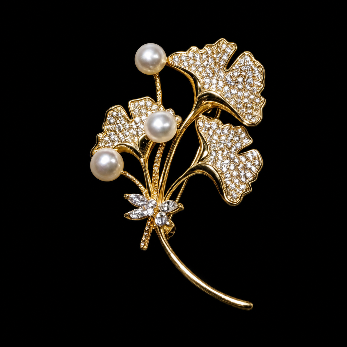 Ginkgo white freshwater pearl leaf bouquet brooch on a matte black background