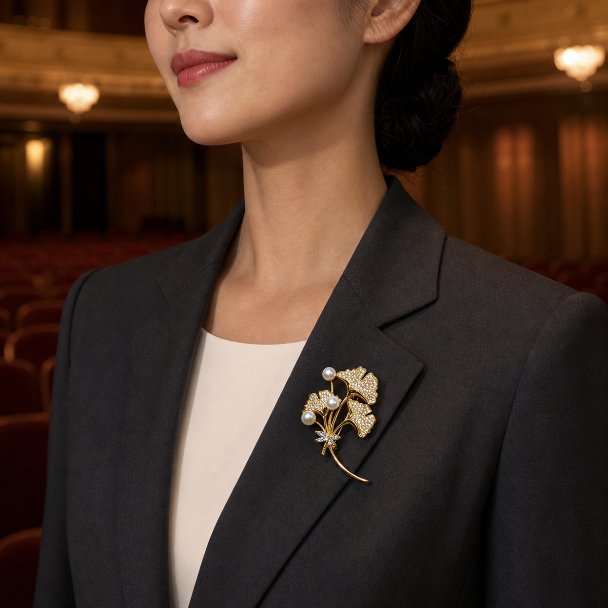 VARI Ginkgo 7-8mm White Freshwater Pearl Leaf Bouquet Brooch styled lifestyle wearing view