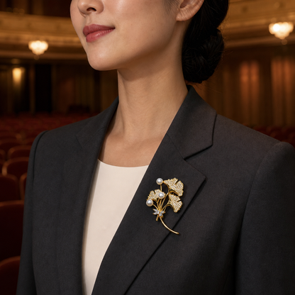 VARI Ginkgo 7-8mm White Freshwater Pearl Leaf Bouquet Brooch styled lifestyle wearing view