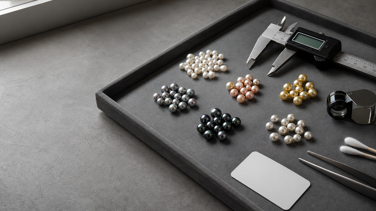 Loose cultured pearls arranged for grading with caliper and loupe