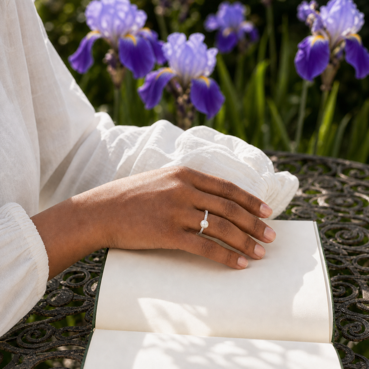 Iris Petite ring with 6-7mm white Japanese Akoya pearl and cubic zirconia accents