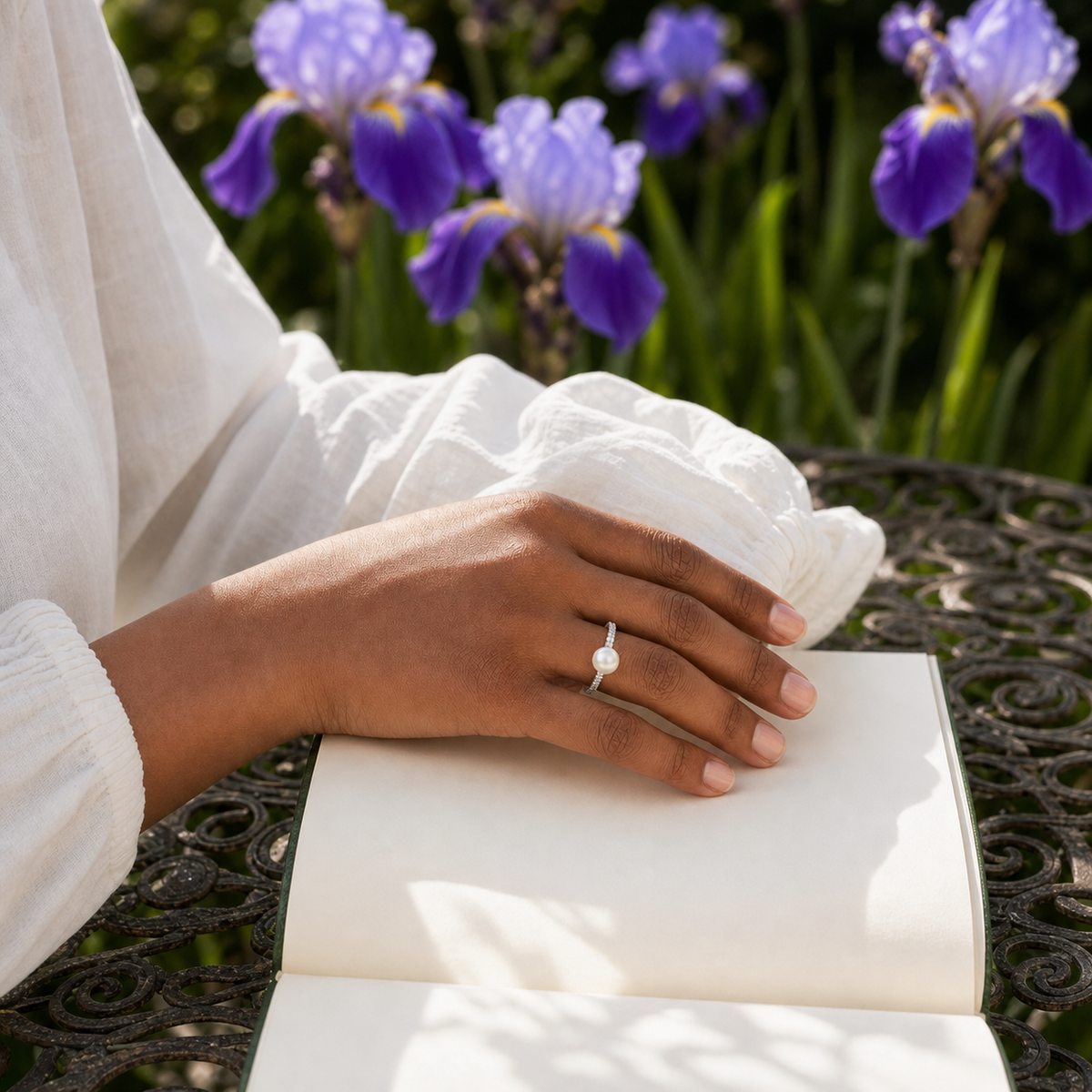 Iris Petite ring with 8-9mm white Japanese Akoya pearl and cubic zirconia accents