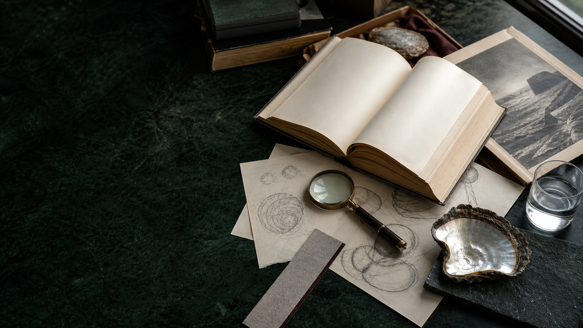 VARI Journal research table with books, shell specimen and loupe