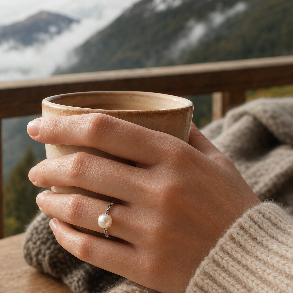 VARI Laurel Japanese Akoya Pearl Leaf Band Ring styled lifestyle wearing view