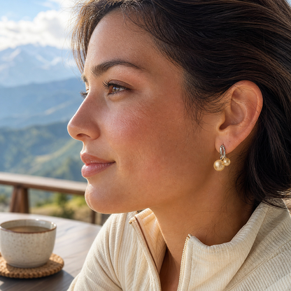 VARI Laurel Loop Golden South Sea Pearl Earrings styled lifestyle wearing view