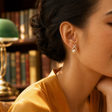 Lucky Charm 5-6mm white Japanese Akoya pearl earrings on model