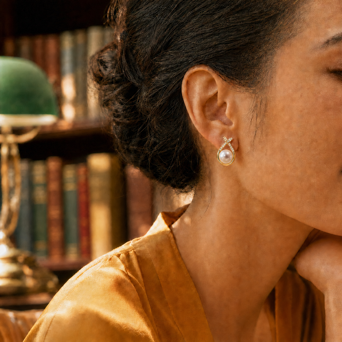Lucky Charm 8-9mm white Japanese Akoya pearl earrings on model