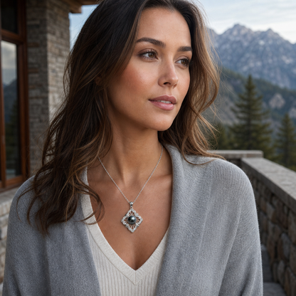 Model wearing Lucky Charm Lagoon black Tahitian South Sea pearl cubic zirconia pendant on a mountain terrace