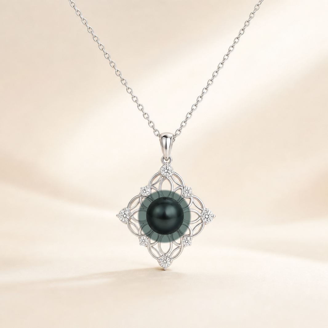 Lucky Charm Lagoon (Black) Tahitian South Sea pearl cubic zirconia pendant necklace