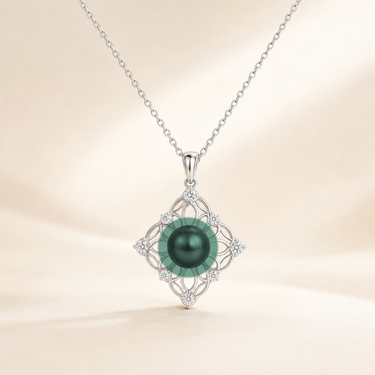 Lucky Charm Peacock Green Tahitian South Sea pearl cubic zirconia pendant necklace