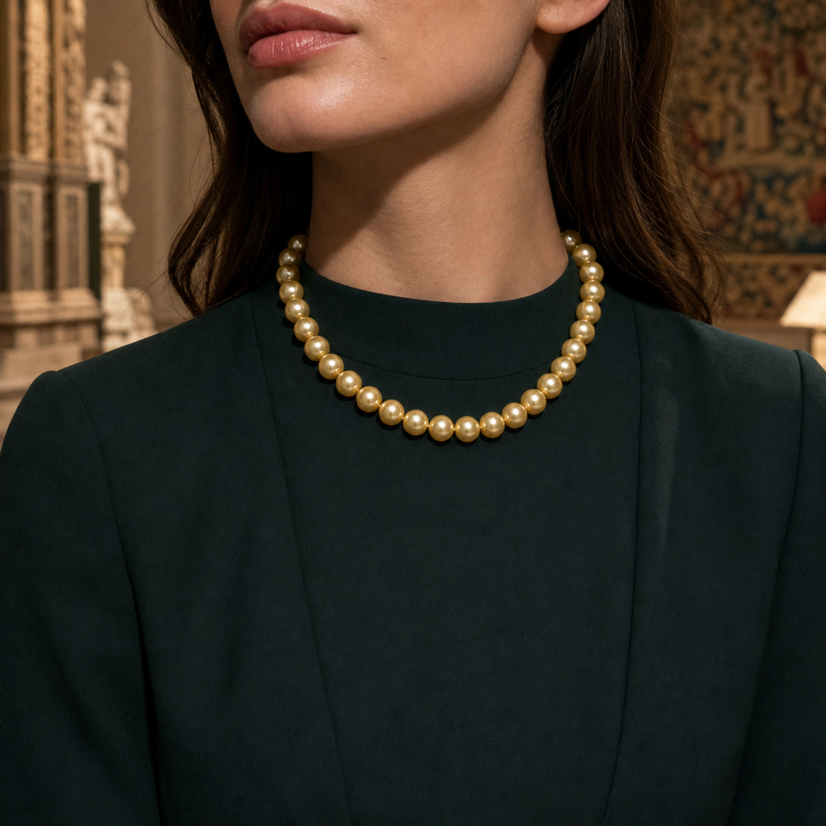 VARI Luna 11-12mm Golden South Sea Pearl Necklace wearing scene