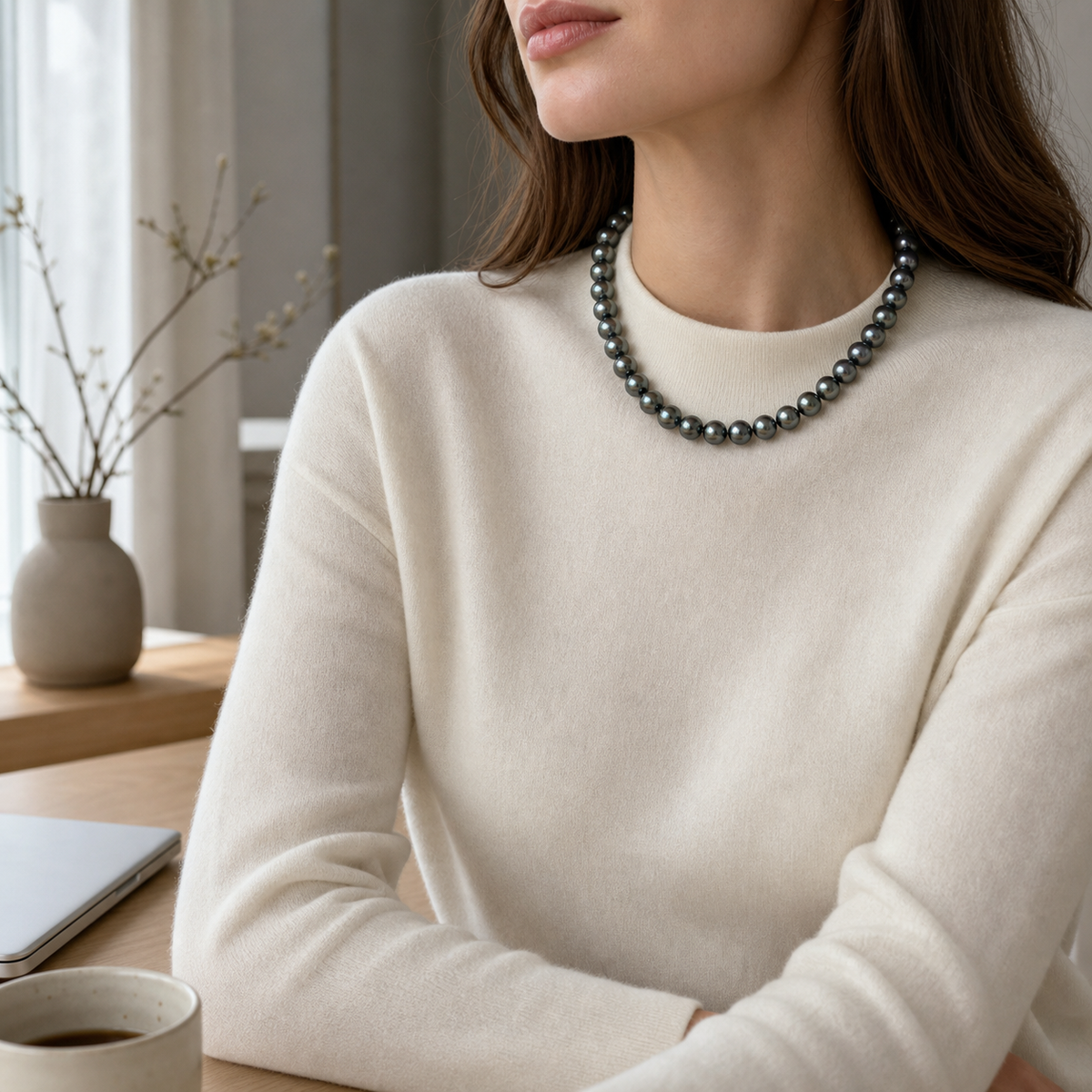 VARI Luna 11-12mm Tahitian South Sea Pearl Necklace wearing scene
