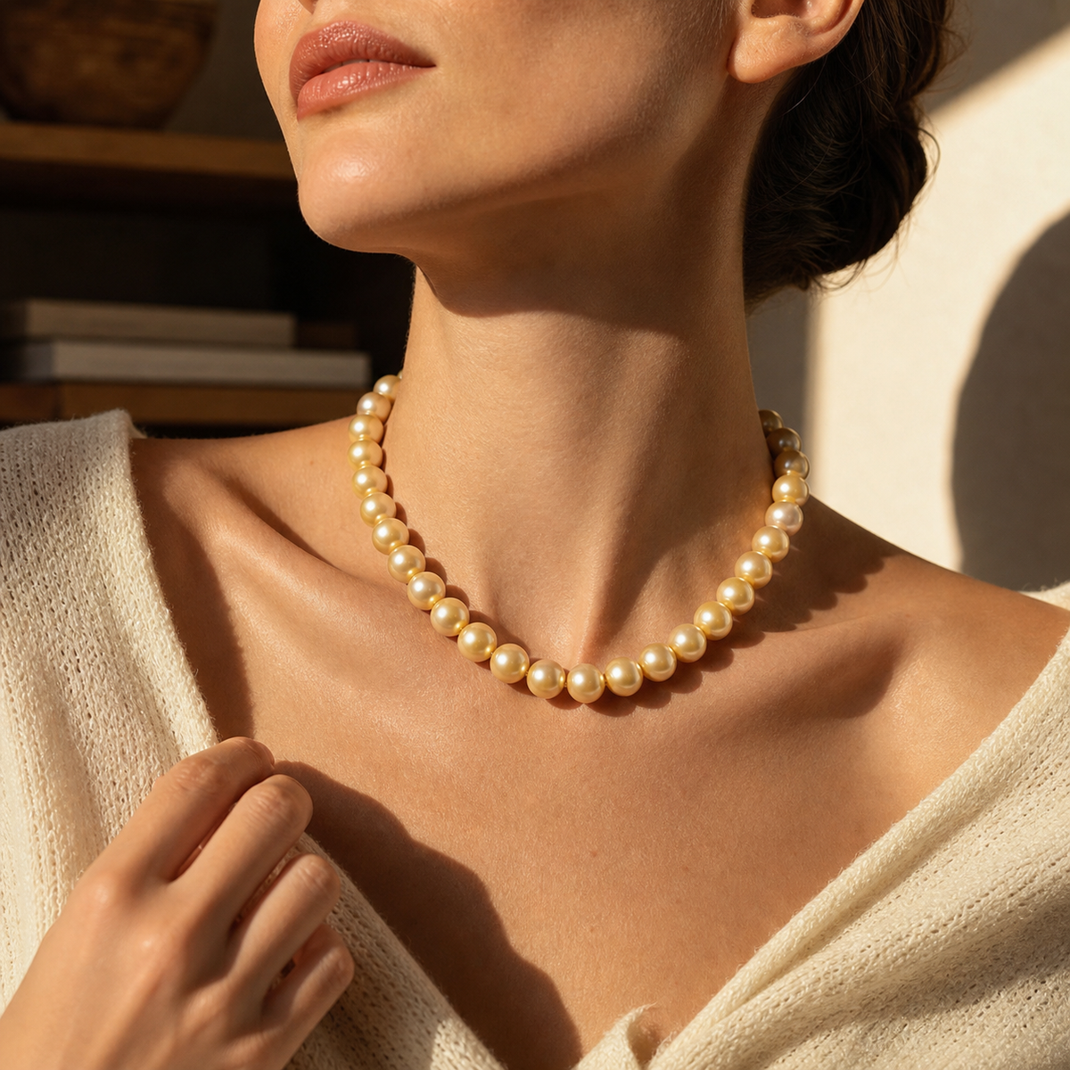 VARI Luna 12-13mm Golden South Sea Pearl Necklace wearing scene