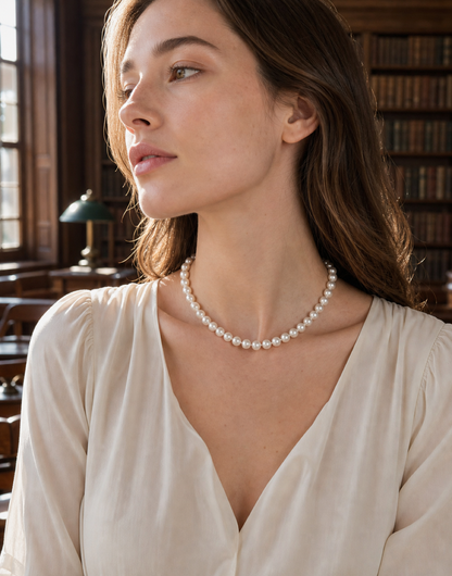 Luna 5-6mm Freshwater Pearl Necklace in a library