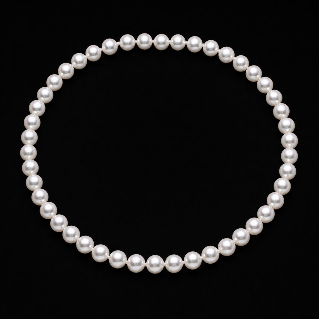 Luna 8-9mm white freshwater pearl necklace on a matte black background, clasp concealed