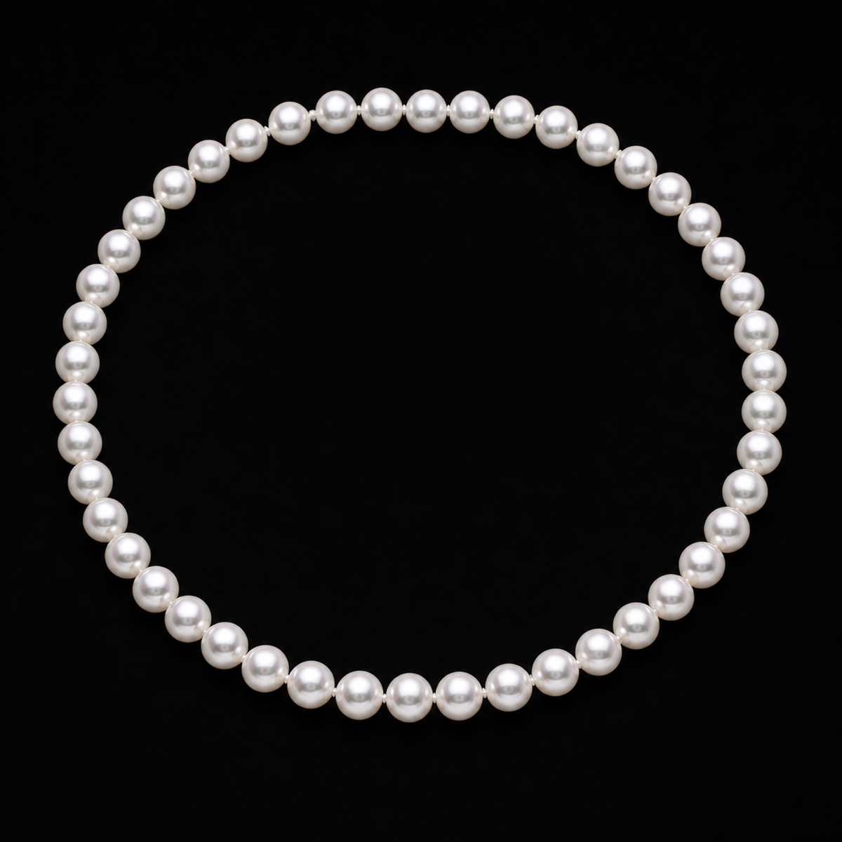 Luna 8-9mm white freshwater pearl necklace on a matte black background, clasp concealed