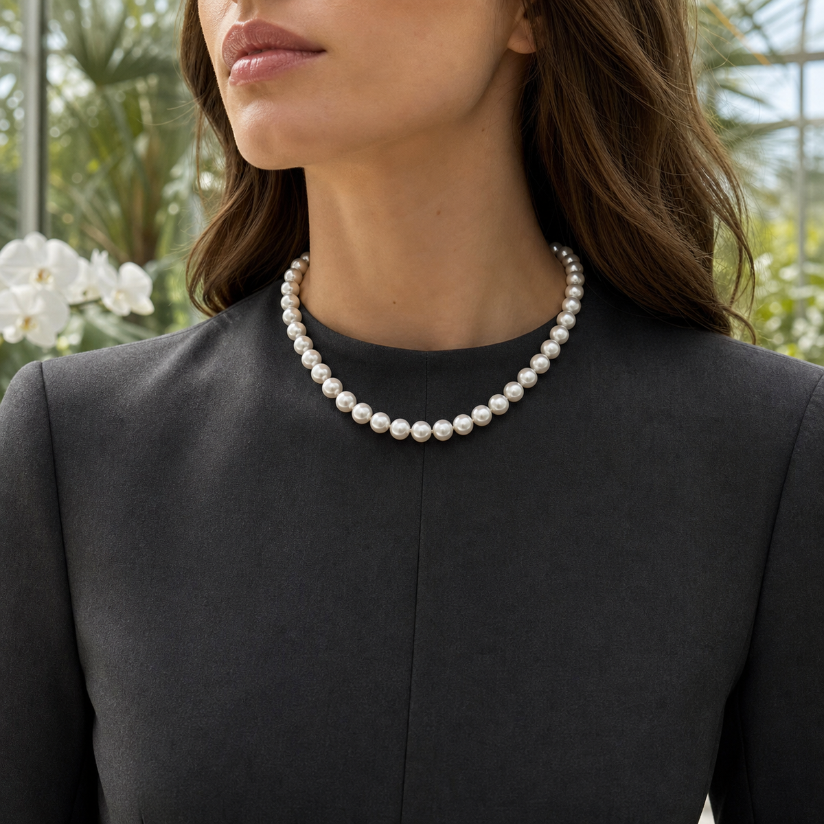 VARI Luna 9-10mm Australian White South Sea Pearl Necklace wearing scene