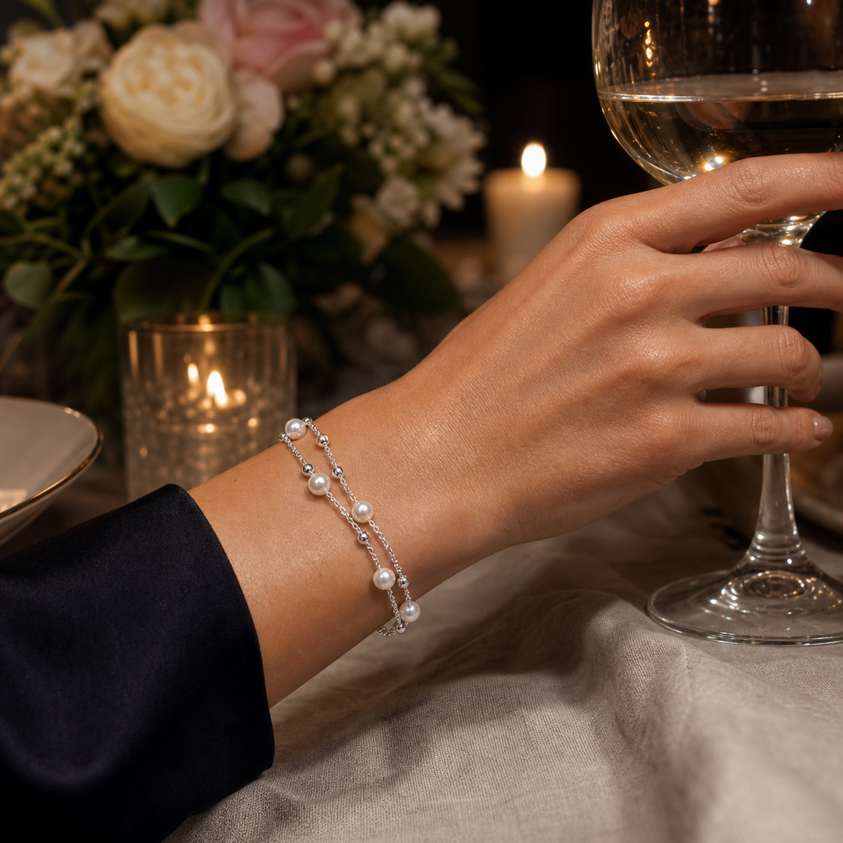 VARI Lyric 6-7mm White Freshwater Pearl Double-Chain Bracelet styled lifestyle wearing view